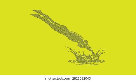 Dynamic action shot of diver mid-air, splashing into water. Conceptual vector art, modern design element, represents sport and recreation.