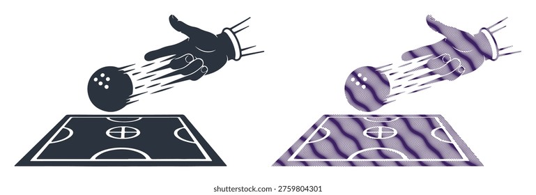 Dynamic action shot of hand releasing bowling ball, sport game vector illustration.