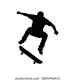 Dynamic action silhouette of a skater mid-air performing a flip trick. Ideal for sports advertising and youth lifestyle branding.