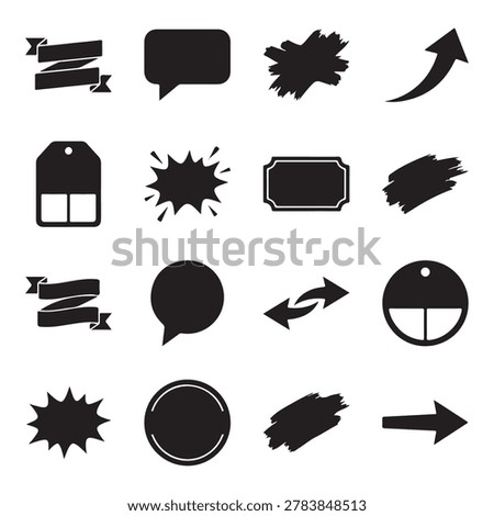Dynamic action sports activity vector silhouette icon pack featuring arrows speech bubbles tags and burst effects\n\nDynamic action sports activity vector silhouette icon pack featuring arrows, speech bubbles, tags, and burst effects. This collection includes curved arrows, double-headed arrows, target symbols, banners, ribbons, splash effects, and burst icons perfect for illustrating sports, fitness, competition, and movement. Ideal for creating sport-related graphics, logos, and designs with a dynamic and energetic feel. Vector format ensures scalability for various uses in branding, presentations, and digit