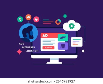 Dynamic ad personalization uses real-time user data for personalized marketing campaigns. Dynamic ads personalization boosts performance through smart ad targeting strategy vector illustration