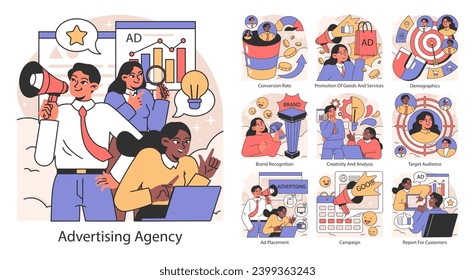 Dynamic advertising agency concept. Teams engage in creative strategy, media planning, and campaign execution. Insightful analytics and target audience identification. Flat vector illustration.