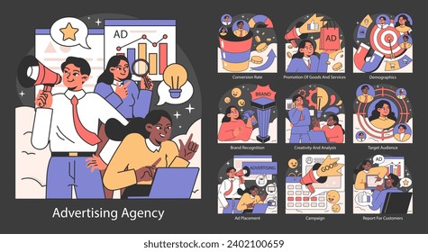 Dynamic advertising agency concept. Teams engage in creative strategy, media planning, and campaign execution. Insightful analytics and target audience identification. Flat vector illustration.