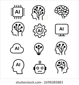 Dynamic AI icons representing the future of technology and innovation. Perfect for illustrating concepts of intelligence, automation, and machine learning in modern design projects.