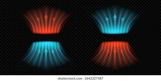 Dynamic air flow concept with neon wind arrows and temperature contrast. Blue red wave stream shows heat or cool breeze. Clean vector illustration for HVAC, AC, or purification themes.