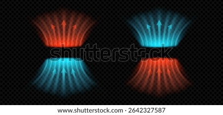 Dynamic air flow concept with neon wind arrows and temperature contrast. Blue red wave stream shows heat or cool breeze. Clean vector illustration for HVAC, AC, or purification themes.