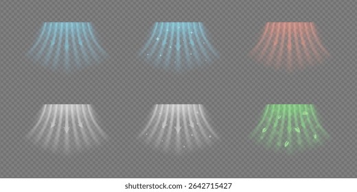 Dynamic air flow effect with hot and cold arrows. Abstract wave stream shows HVAC system or AC function. Blue red rays temperature, speed and purification. Vector illustration on transparent bg.