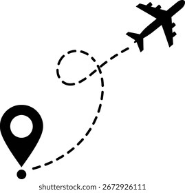 Dynamic airplane traces flight path from location pin, symbolizing global travel and adventure