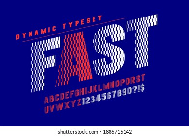 Dynamic alphabet design, letters and numbers. Vector characters. 13 degree skew