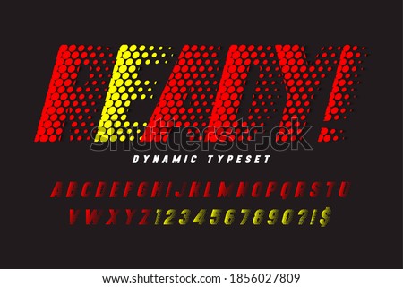 Dynamic alphabet design, letters and numbers. Vector characters. 15 degree skew