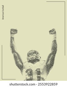 Dynamic American football player in a celebratory pose. Retro photocopy effect, vintage dotted texture. Ideal for sports posters, motivational designs, and game day promotions.