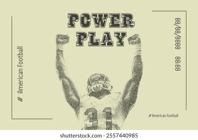 Dynamic American football player in a celebratory pose. Retro photocopy effect, vintage dotted texture. Ideal for sports posters, motivational designs, and game day promotions.