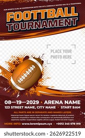 Dynamic american football tournament poster template with ball, lightning and grungy elements and place for your photo - vector illustration