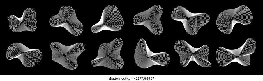 Dynamic amorphous shapes, abstract fluid forms, liquid shapes made of lines with blend effect. Vector modern design elements.