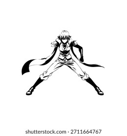 Dynamic Anime Character in Action Illustration in Black on White for Manga, Art, and Graphic Design Styles