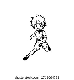 Dynamic Anime Character in Action Illustration in Black on White for Manga, Art, and Graphic Design Styles