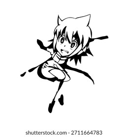Dynamic Anime Character in Action Illustration in Black on White for Manga, Art, and Graphic Design Styles