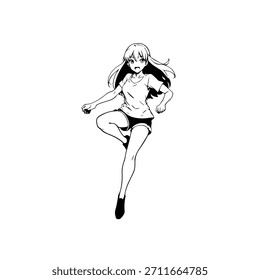 Dynamic Anime Character in Action Illustration in Black on White for Manga, Art, and Graphic Design Styles