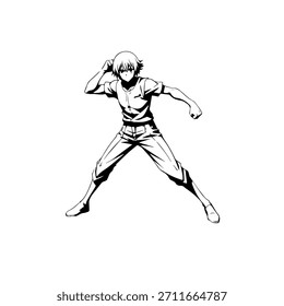 Dynamic Anime Character in Action Illustration in Black on White for Manga, Art, and Graphic Design Styles