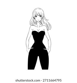 Dynamischer Anime-Charakter in Aktion Illustration in Schwarz auf Weiß für Manga-, Kunst- und Grafikdesign-Stile