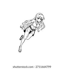 Dynamic Anime Character in Action Illustration in Black on White for Manga, Art, and Graphic Design Styles