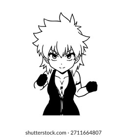 Personagem de Anime Dinâmico na Ilustração de Ação em Preto sobre Branco para Mangá, Arte e Estilos de Design Gráfico