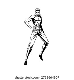 Personagem de Anime Dinâmico na Ilustração de Ação em Preto sobre Branco para Mangá, Arte e Estilos de Design Gráfico