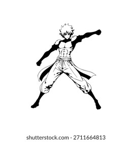 Dynamic Anime Character in Action Illustration in Black on White for Manga, Art, and Graphic Design Styles