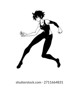 Dynamic Anime Character in Action Illustration in Black on White for Manga, Art, and Graphic Design Styles
