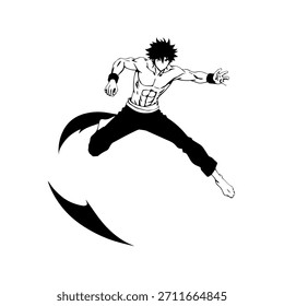 Dynamic Anime Character in Action Illustration in Black on White for Manga, Art, and Graphic Design Styles