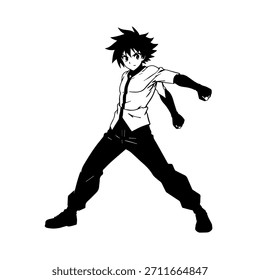 Dynamic Anime Character in Action Illustration in Black on White for Manga, Art, and Graphic Design Styles