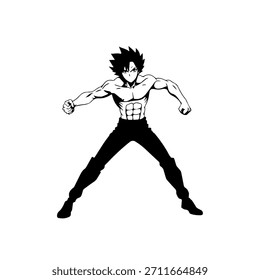 Personagem de Anime Dinâmico na Ilustração de Ação em Preto sobre Branco para Mangá, Arte e Estilos de Design Gráfico