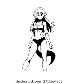 Dynamic Anime Character in Action Illustration in Black on White for Manga, Art, and Graphic Design Styles