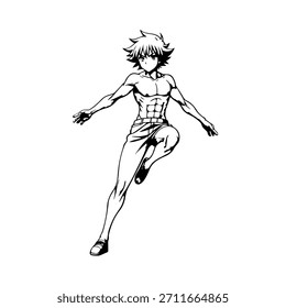 Dynamic Anime Character in Action Illustration in Black on White for Manga, Art, and Graphic Design Styles
