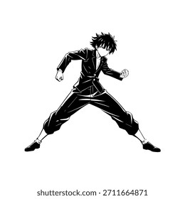Dynamic Anime Character in Action Illustration in Black on White for Manga, Art, and Graphic Design Styles