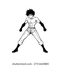 Personaje de anime dinámico en ilustración de acción en negro sobre blanco para manga, arte y estilos de Diseño gráfico