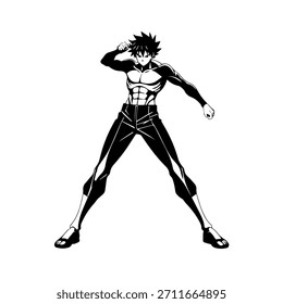 Dynamic Anime Character in Action Illustration in Black on White for Manga, Art, and Graphic Design Styles