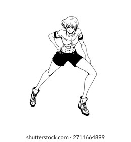 Dynamic Anime Character in Action Illustration in Black on White for Manga, Art, and Graphic Design Styles