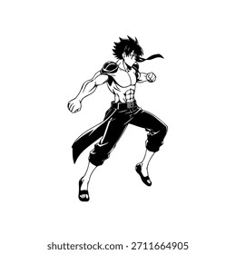 Dynamic Anime Character in Action Illustration in Black on White for Manga, Art, and Graphic Design Styles