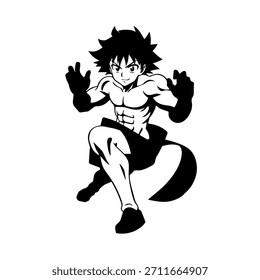 Personaje de anime dinámico en ilustración de acción en negro sobre blanco para manga, arte y estilos de Diseño gráfico