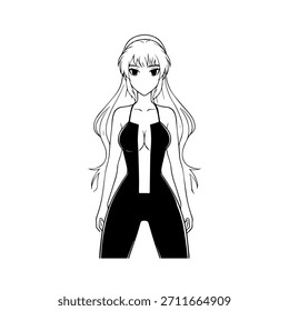 Dynamischer Anime-Charakter in Aktion Illustration in Schwarz auf Weiß für Manga-, Kunst- und Grafikdesign-Stile