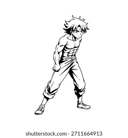 Dynamic Anime Character in Action Illustration in Black on White for Manga, Art, and Graphic Design Styles