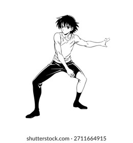 Dynamic Anime Character in Action Illustration in Black on White for Manga, Art, and Graphic Design Styles
