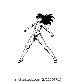 Personaje de anime dinámico en ilustración de acción en negro sobre blanco para manga, arte y estilos de Diseño gráfico