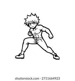 Dynamic Anime Character in Action Illustration in Black on White for Manga, Art, and Graphic Design Styles