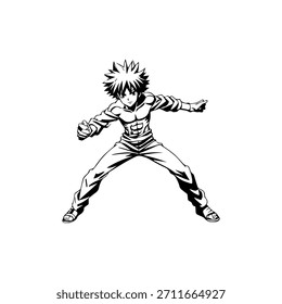 Dynamic Anime Character in Action Illustration in Black on White for Manga, Art, and Graphic Design Styles