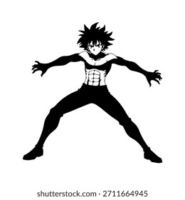 Dynamic Anime Character in Action Illustration in Black on White for Manga, Art, and Graphic Design Styles
