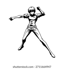Dynamischer Anime-Charakter in Aktion Illustration in Schwarz auf Weiß für Manga-, Kunst- und Grafikdesign-Stile
