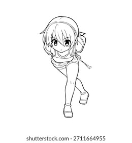 Dynamischer Anime-Charakter in Aktion Illustration in Schwarz auf Weiß für Manga-, Kunst- und Grafikdesign-Stile