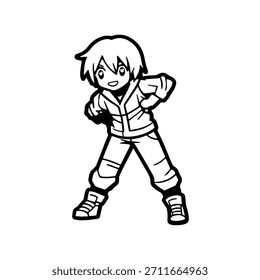 Personagem de Anime Dinâmico na Ilustração de Ação em Preto sobre Branco para Mangá, Arte e Estilos de Design Gráfico